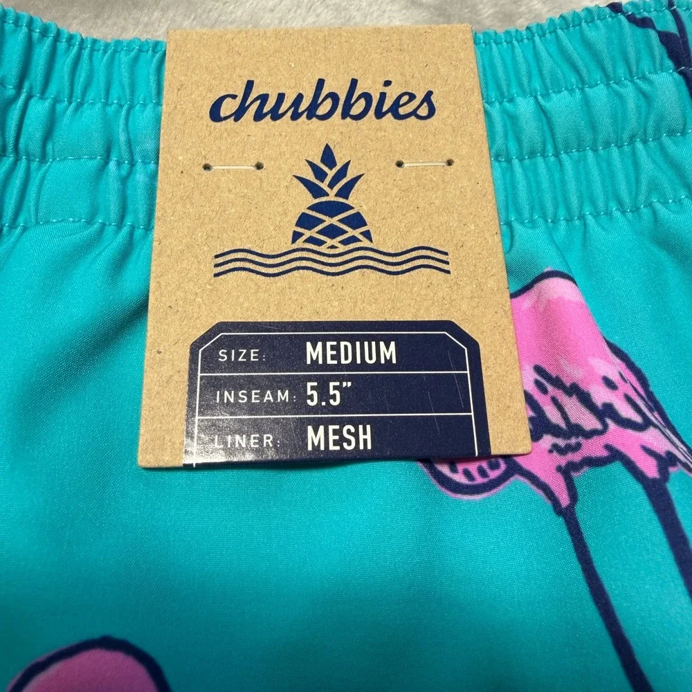 Chubbies Mens Teal Pink Flamingo Print Swim Trunks 5.5 Inch Inseam Medium